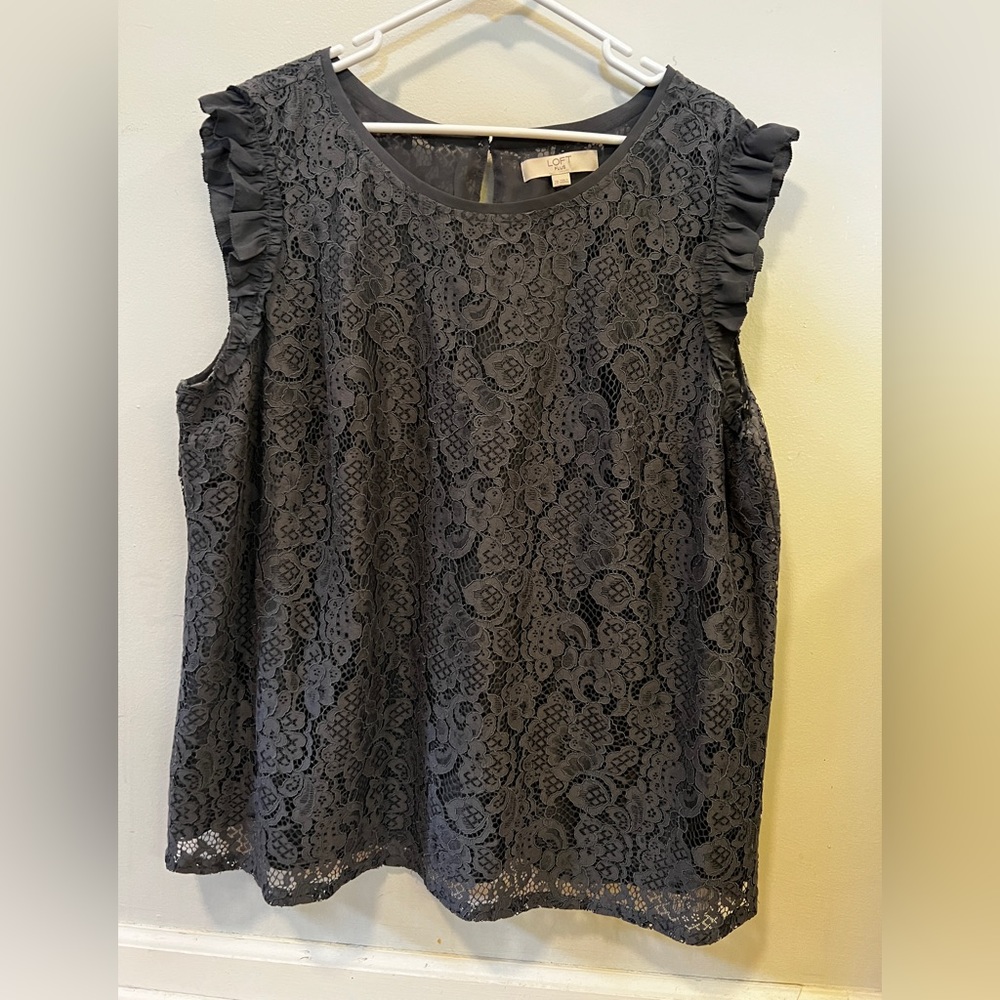 Grey floral lace top with flutter sleeves. Fully lined. Loft size 20.